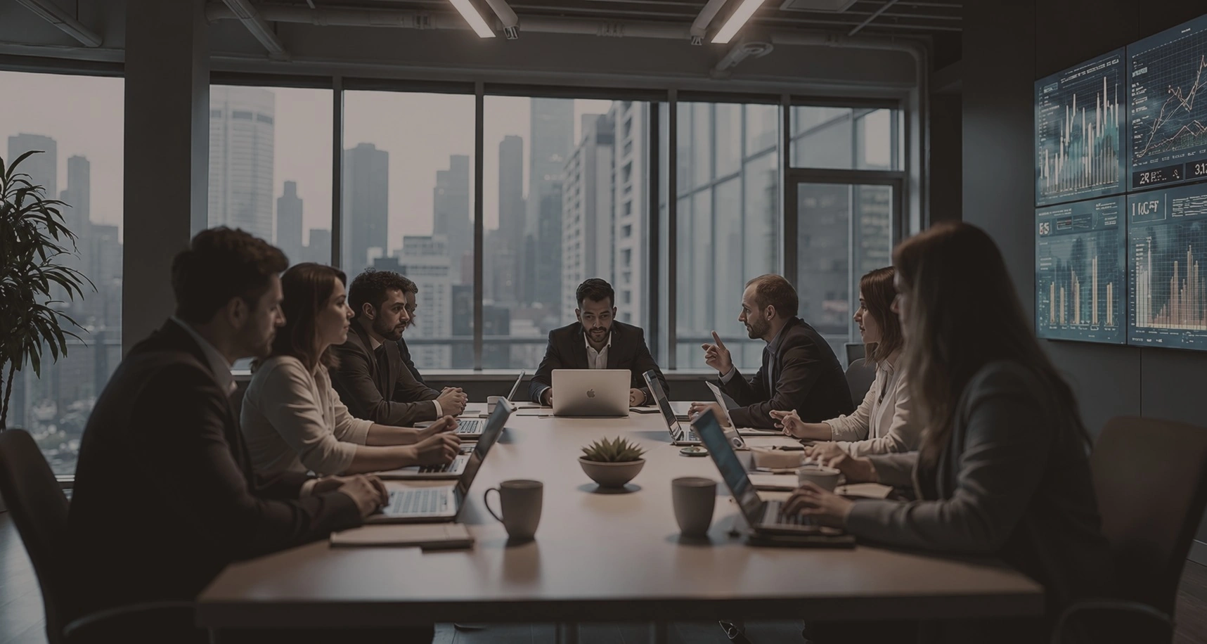 Team of professionals in a boardroom meeting with laptops, reviewing data on a screen, with a city skyline in the background