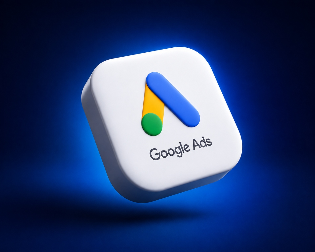 3D Google Ads logo icon on a blue background