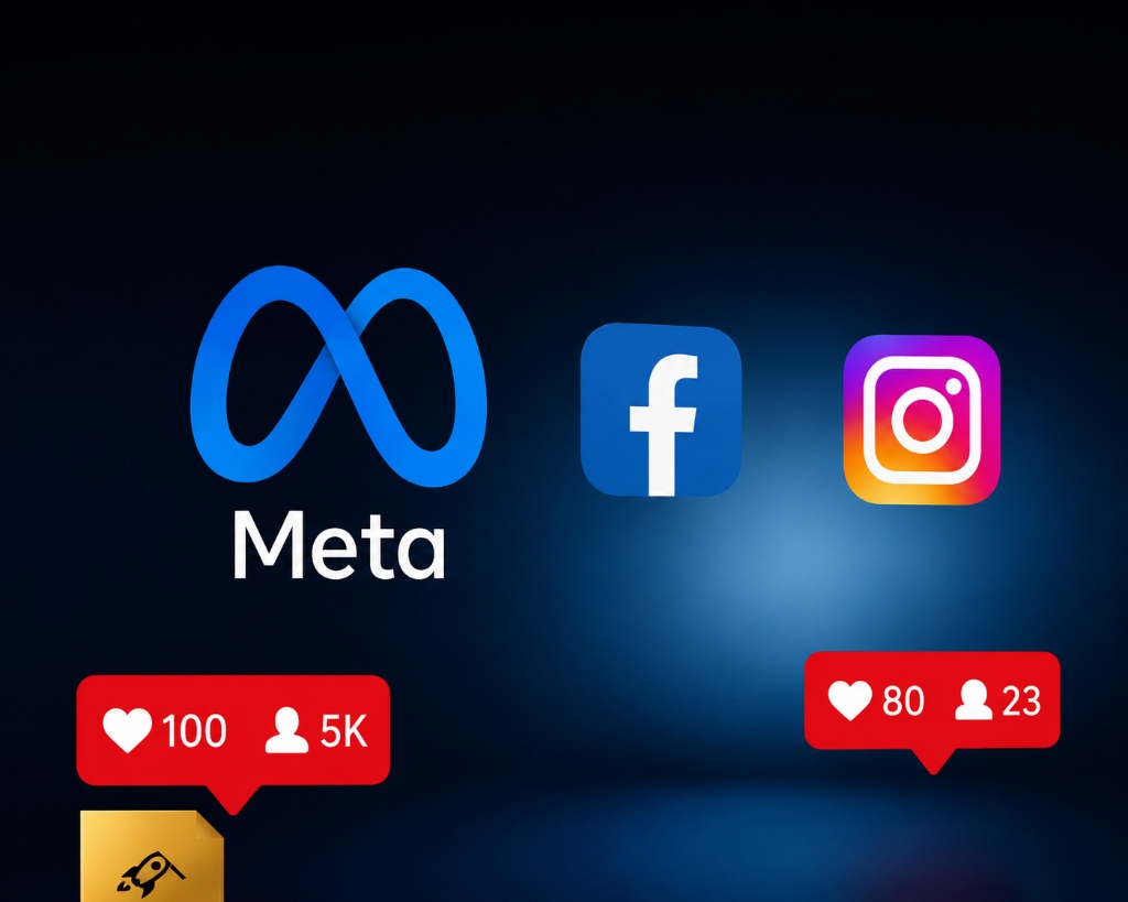 Meta, Facebook and Instagram logos with social engagement metrics on a dark background