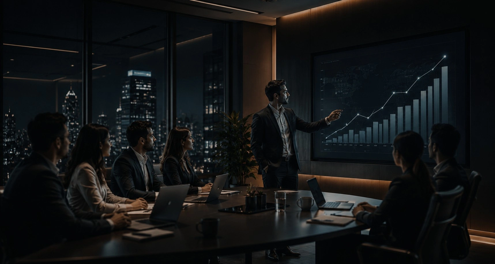 Team presenting business growth and revenue analytics dashboard in a boardroom meeting