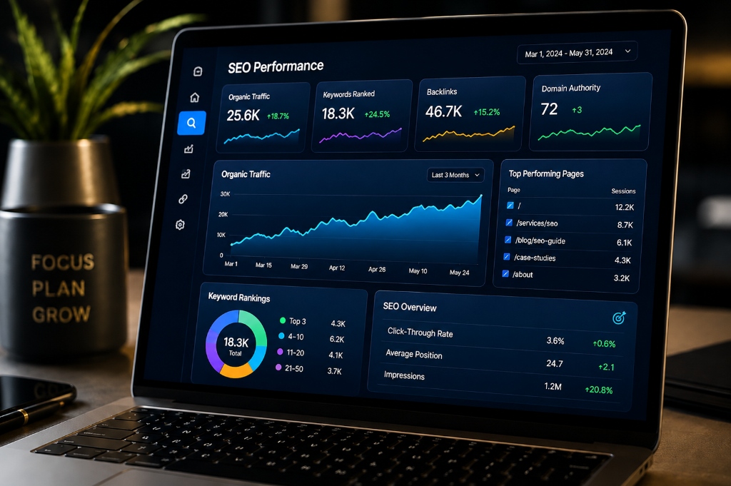 SEO performance dashboard showing organic traffic, keyword rankings, and domain authority metrics
