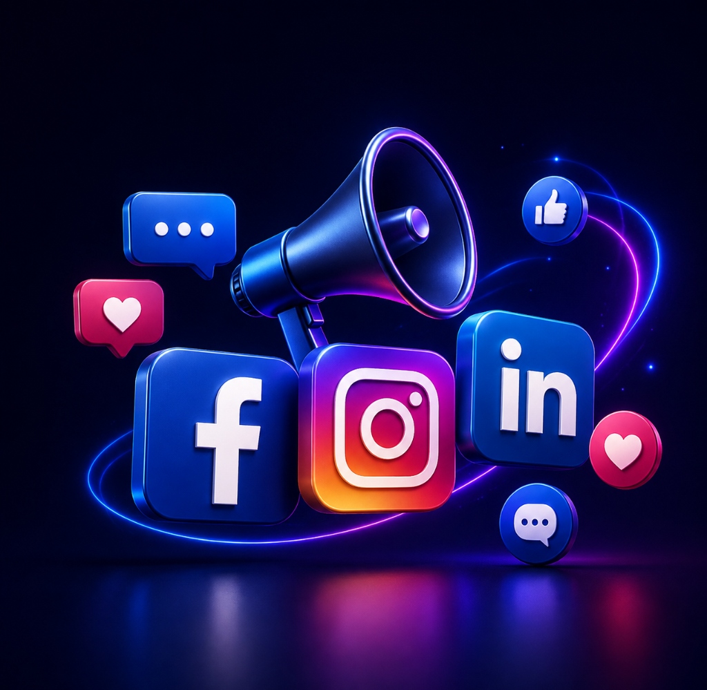 3D social media icons for Facebook, Instagram and LinkedIn with a megaphone and engagement icons on a dark background