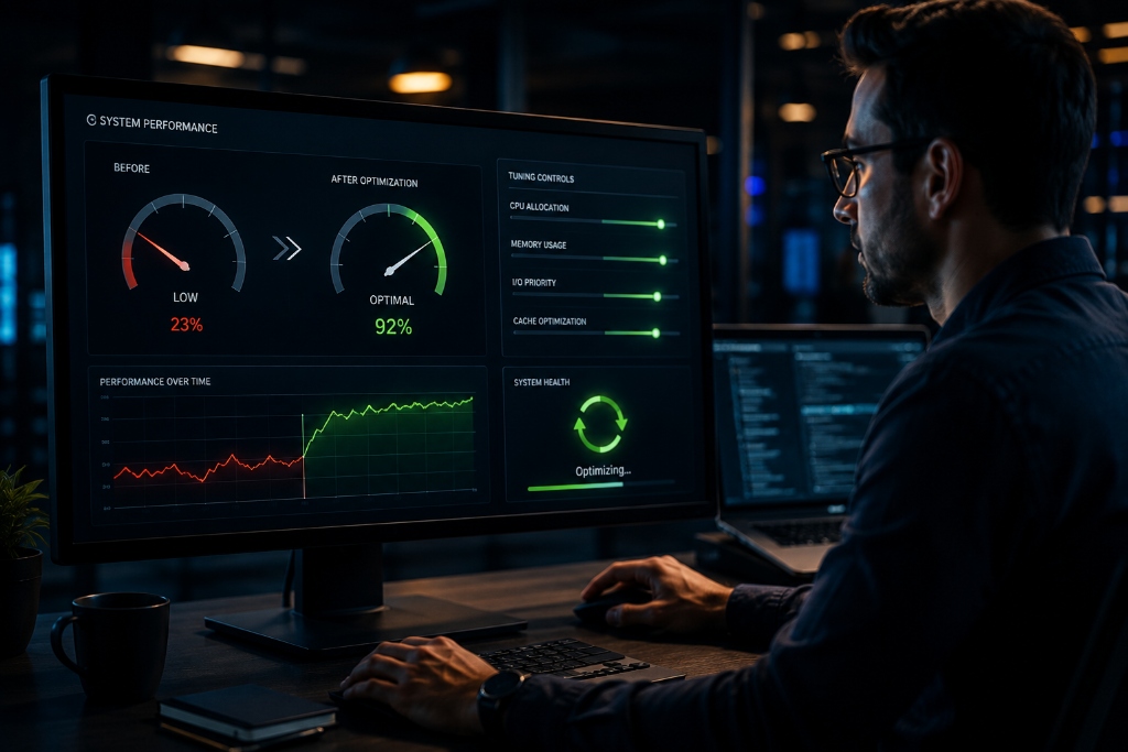 System performance tuning dashboard showing before and after optimization analytics
